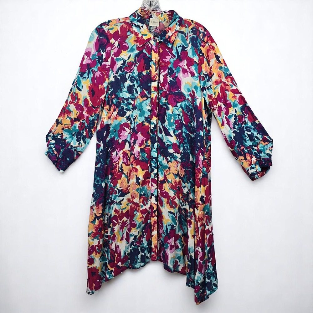 Cupio Floral Print Tunic Top Blouse Button Down Long Sleeve Multicolor Woman Sml